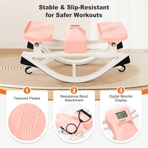 Rocking Steppers for Exercise at Home 3D Motion Stair Stepper with Resistance Bands 350 LBS Loading Capacity Exercise Equipment Low-Impact Balance Board for Full Body Workout - color: Pink