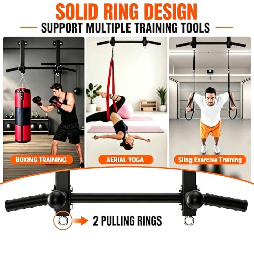 Joist Mounted Pull Up Bar, 650LB Load, Fit 16" Ceiling Beam Spacing | Multi-Grip with Finger Balls; 2 Suspension Rings; Fit Solid Concrete and Wood Mount; Home Gym, Garage & Basement