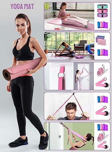 1/3 Yoga Mat Thick, Yoga Set for Beginners Include High Density Mat with Multi-loops Strap, Blocks, Booty Resistance Band Set, Door Anchor, Carring Bag & Strap - color: LIGHT BLUE