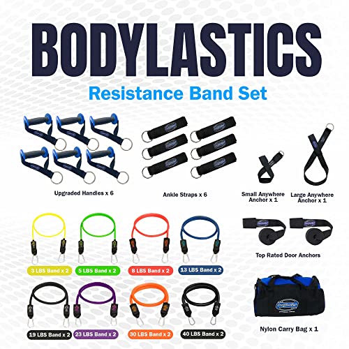 Bodylastics Patented Basic Series Resistance Band Set - Resistance Bands with Snap Reduction Tech, 2 Handles, 2 Ankle Straps, 1 Door Anchor & 1 Carry Bag - color: PRO 3-1120 LBS Set Assorted
