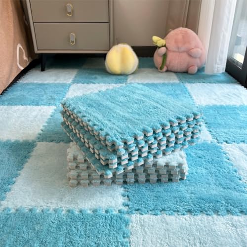 12Pcs Plush Foam Floor Mat,Plush Interlocking Carpet Tiles,Anti-Slip Square Puzzle Floor Mat,EVA Foam Area Rugs for Bedroom Playroom (Light Blue + Dark Blue) - color: Light Blue + Dark Blue