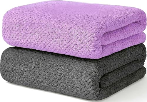 2 Pack Bath Towel Set, Waffle Bath Towel Set, Super Soft Highly Absorbent, Sturdy Quick Drying Towels for Bathroom, Gym, SPA, Yoga (2 Piece 27" x 55", 1Grey+1Purple) - color: 1grey+1purple, size: 27 x 55 Inch
