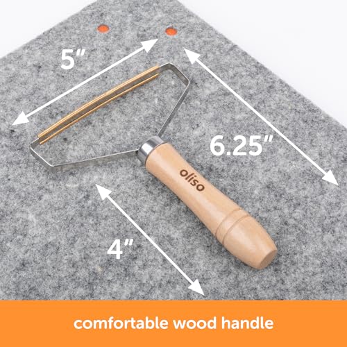 oliso Wool Mat Cleaning Tool - Brass Lint Remover for Quilting & Sewing | Handheld Carpet Brush, Rug Comb, Pet Hair Rake, Stainless Steel Frame, Wooden Handle, Furniture and Couch Use