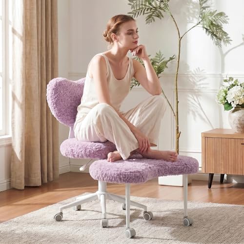 Cross Legged Office Chair with Wheels, 360 Swivel Height-Adjustable Meditation Chair with Lumbar Support, Artificial Rabbit Hair Fabric, Violet - color: Violet, size: Heart Back