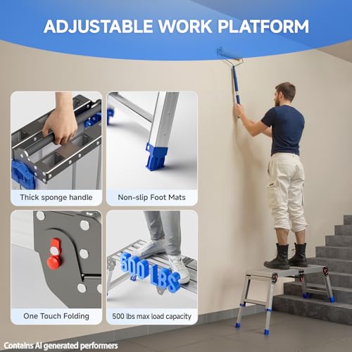Loyoda Folding Work Platform for Adults, Portable Aluminum Step Stool 500lb | 13.7"-19.5" Adjustable Height, 11.8" x 32.7" Wide Platform for Garage, Painting, Reach High Shelves, Gardening, Car Wash - size: Medium