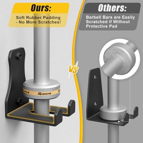 Jusgym Barbell Wall Holder, Durable Olympic Barbell Hanger with Protective Pad, Space Saving Barbell Holder for Squat Rack, Home Gym and Garage, Holds Under 33mm Bar Size