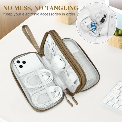 FYY Electronic Organizer, Travel Tech Pouch Bag, Cable Organizer Brown | Wrist Strap, Waterproof, Double Layers Portable Electronics Travel Carrying Case for Cord, Charger, Daily Business Trips Use - color: Brown, size: Small