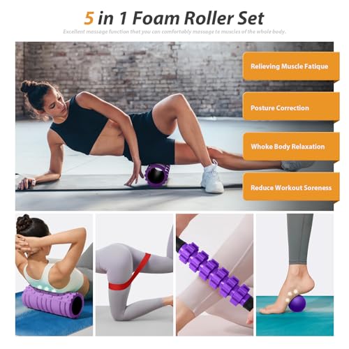 5 in 1 Foam Roller Set for Deep Tissue Muscle Massage, High Density Trigger Point Fitness Patented Exercise Foam Roller, Massage Roller, Massage Ball, Resistance Band, for Whole Body(Purple) - color: Purple