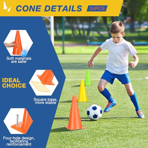 12 Inch Sports Cones Set of 24,Durable Training Cones for Soccer,Football, Basketball Drills - Multi-Purpose Agility Cones for Indoor & Outdoor Practice - color: colors