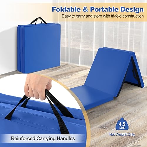 Goplus Folding Gymnastics Mat, 6’ x 2’ x 2’’ Thick Tri-Fold Exercise Tumbling Mat w/Carrying Handles, Hook & Loop Fastener, Gym mats for Home Fitness Yoga Aerobics Workouts Martial Arts - color: Navy