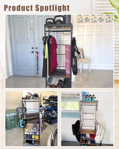 Mythinglogic Home Gym Storage Rack with Wheels for Dumbbells and Yoga Mats | Versatile storage with shelves, hooks and side holders for kettlebells, foam rollers, bands, weight plates and gym gear - color: Black+Brown