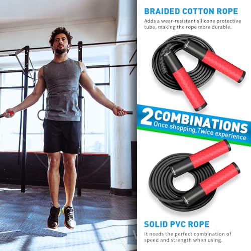 Weighted Jump Rope for Men, Women (1.5LB) - Alloy Steel Handles, Speed Skipping Rope, Gym,Indoor/Outdoor - Fitness, Workout, Boxing - Solid PVC & Cotton Rope - color: RED-BLACK