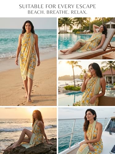 Beach Cover Ups for Women, Cotton Sarong Wrap Pareo | 100% Cotton Sarong Wraps For Women, 73 x 44 In. Pareo Beach Wrap, Bikini Cover Up, Bathing Suit Cover Up, Resort Wear - color: Python Yellow