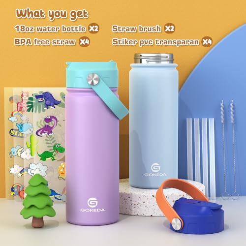 GoKEDA 18oz Kids Water Bottle, 2 Pack Insulated Bottles with Stickers, 18/8 Stainless Steel Vacuum Leak Proof Straw Cup for School, Gifts for Girls(Light Blue, Purple) - color: Light Blue+Purple