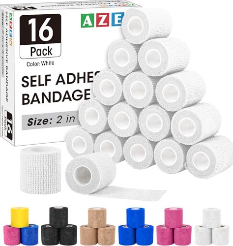 AZEN 16 Pack Self Adhesive Bandage Wrap Pink, 2" X 5 Yards Elastic Cohesive Bandage Wrap, Athletic Tape, Vet Wrap, Ankle Tape, Tattoo Grip Tape Wrap (White) - color: White, size: 2 Inch