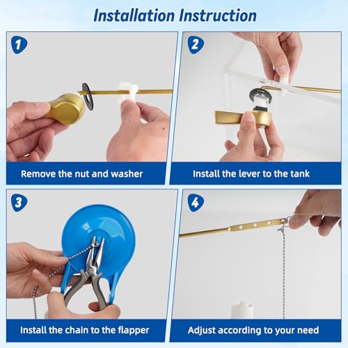 Hibbent Universal Front Mount Metal Toilet Handle Replacement Kit, Brass Toilet Tank Flush Lever with Stainless Steel Adjustable Flapper Chains for Most Toilets, Brushed Gold - color: Brushed Brass, style: Front Mount