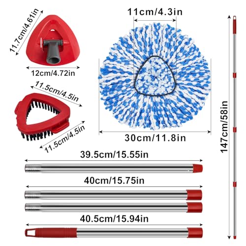 Spin Mop Handle Mop Heads and Base Replacement Sets Compatible with O Cedar EasyWring Rinseclean 2 Tank System, Flexible & Reusable(1 Sets Stainless Steel Handle & 2 Refills & 1 Base & 1 Scrub Brush) - color: 1 Sets Stainless Steel Mop Handle + 2 Blue Hea