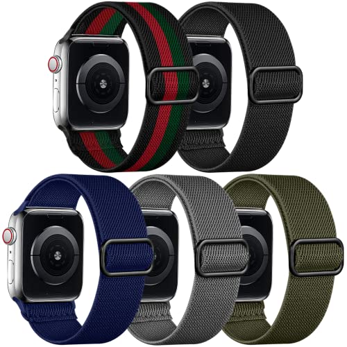 Adorve Stretchy Band Compatible with Apple Watch Bands Ultra 3/2/1 49mm 46mm 45mm 44mm 42mm 41mm 40mm 38mm Men Women, Soft Nylon Elastic Braided Strap Fits for iWatch Series 11/10/9/8/7/6/5/4/3/SE3-1 - color: Black/Navy Blue/Army Green/Gray/Red Green Blac
