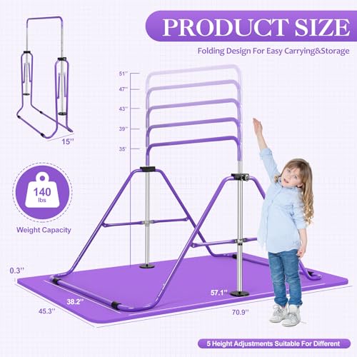 Expandable Gymnastics Bars with Ring, Adjustable Height Gymnastic Horizontal Bars, Gym Junior Training Bar Children Folding Training Monkey Bars for Kids - color: Mat+Purple
