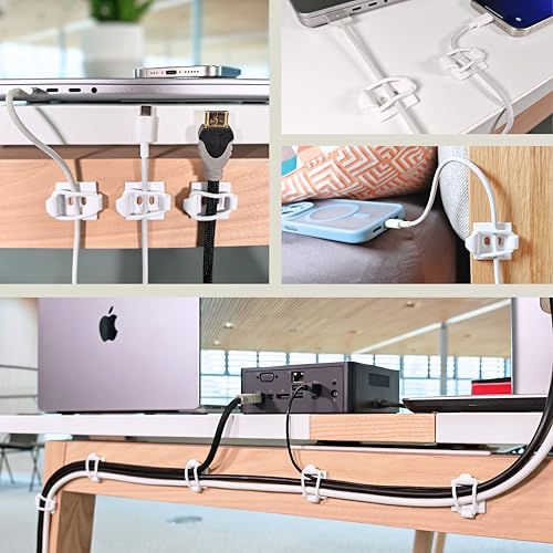 [Made in the UK] 10-Pack Adjustable Elastic Adhesive Cable Clips, Wire Management Holder, Cord Organizer for Home Office, Under Desk, Behind TV, Phone Charger, Laptop, PC, HDMI, USB (White) - color: White 10-pack
