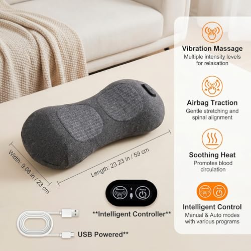 3-in-1 Cordless Lumbar Support Pillow with Heat, Vibration and Traction, Electric Lower Back Massager for Pain Relief Deep Tissue, Decompression Back for Chair, Bed, Car