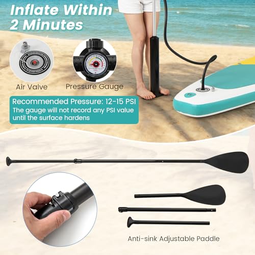 KOTEK 10FT/11FT Inflatable Paddle Board, SUP Paddleboard with Hand Pump, Safety Leash, Repair Kit, Carry Bag, Non-Slip EVA Deck, Stand Up Paddle Board for Youth & Adults - size: 11 FT, style: Multi Yellow Green