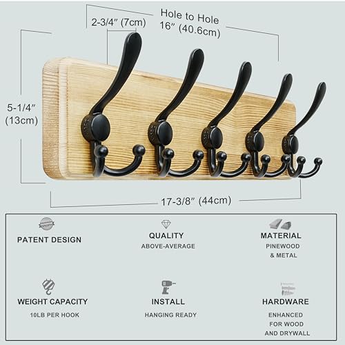 Dseap Coat Rack Wall Mount - Heavy-Duty Robust Rustic Wooden Wall Coat Hanger Hook Rail with 5 Triple Hooks for Winter Jacket & Hat Clothing, Light Brown & Black - color: Light Brown & Black, size: L=17.4"