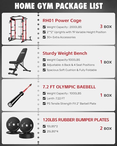 RH01 Power Cage Rack, 2000LBS Squat Rack with with Cable Crossover System&LAT Pull Down System, Multi-Function Workout Cage for Home&Garage Gym - color: Red, size: RH01 Power Cage with 120LB Weights