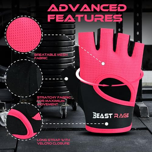 BEAST RAGE Workout Gloves for Men & Women - Fingerless Gym Gloves with Palm Protection, Breathable & Lightweight for Weightlifting, Cycling & Pull Up - color: Magenta, size: X-Large