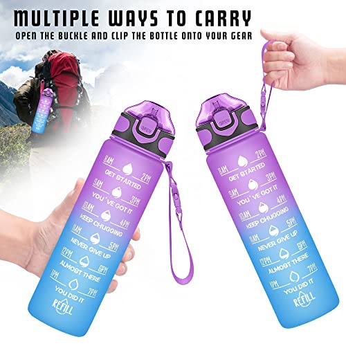 Enerbone 32 oz Drinking Water Bottle with Times to Drink and Straw, Motivational with Carrying Strap, Leakproof BPA & Toxic Free, Ensure You Drink Enough Water for Fitness Gym Outdoor - color: Purple Blue
