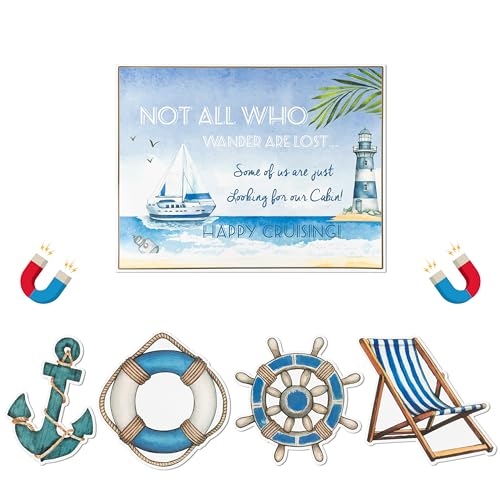 JAPBOR 5PCS Cruise Door Magnet, Sea Navigation Refrigerator Car Ship Magnetic Decal, Happy Cruising Magnets Door Decoration, Wheel Recliner Anchor Lifebuoy Fridge Stickers for Carnival Party