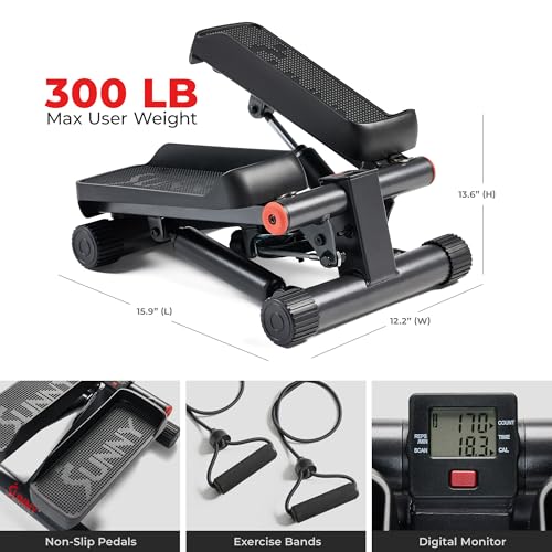 Sunny Health & Fitness Mini Steppers for Exercise at Home, Stair Step Workout Machine with Resistance Bands, Full Body Cardio Equipment, Optional Free SunnyFit App Connection Smart Stepper - color: Black