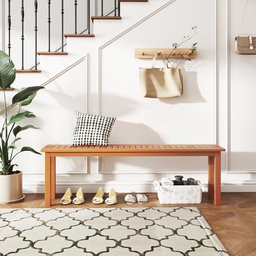 Tangkula Outdoor Wood Bench, 59” Long Patio Dining Bench, Backless Wooden Bench with Teak Oil Finish & Slat Seat, Accent Entryway Bench, Farmhouse Bench for Yard, Garden, Porch, Indoors - size: 59"