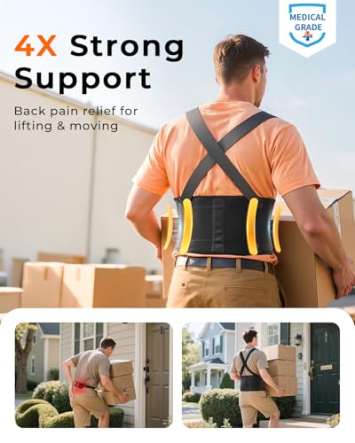 Medical-Grade Work Back Brace with Adjustable Shoulder Straps [Stronger Support & Breathable Mesh] Lower Back Support Belt for Men Women - Pain Relief for Lifting, Warehouse, Construction & Moving - size: Large