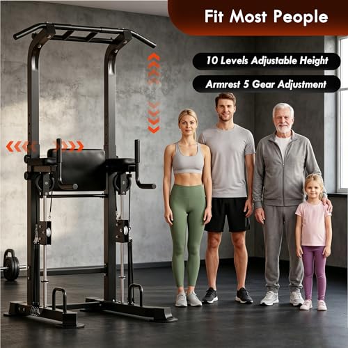 SogesPower Power Tower Dip Station Pull Up Bar for Home Gym Multi-Function Adjustable Height Strength Training Workout Equipment - color: Black
