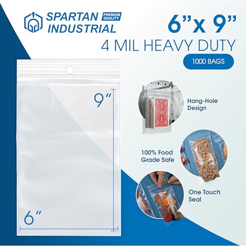 6" X 9" Heavy-Duty Zip Bags With Hang Hole for Displays (1000 Count) - 4 Mil Plastic Resealable Bags for Storage and Packaging - Spartan Industrial - size: 6" X 9"