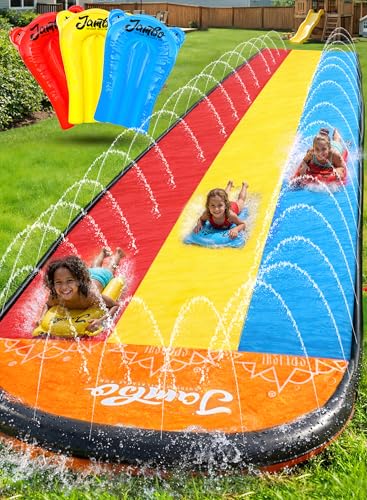 JAMBO Premium Triple Water Slide with 3 Bodyboards, 20Ft Heavy Duty Slip Splash and Slides-Advanced 3-Way Sprinkler System, Splash Pad Mat Backyard Summer Outdoor Water Toys n Long Slides for Kids - color: 20' Multicolor