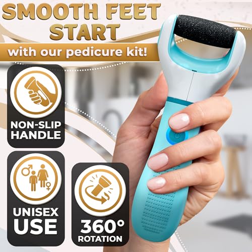 Electric Foot Callus Remover for Feet, 3 Speeds Up to 2800 RPM | Foot Sander & Hard Skin Remover, Replaceable Roller, Dust Cap, Pedicure Tools for Feet Care, Anti-Slip Ergonomic Grip - color: Blue and White Callus Remover