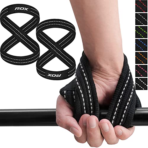 RDX Weight Lifting Straps Figure 8, Anti Slip Strap with Cuffs Wrist Support for Gym Workout Deadlift Powerlifting Bodybuilding Weightlifting, Fitness Strength Training, Hand Bar Grip for Men - color: BLACK WHITE, size: Large
