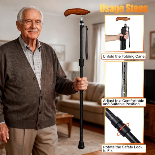 Collapsible Carbon Fiber Cane Walking Stick for Seniors Men Women | Compact Fold-Down Design with Anti-Slip Tip for Uneven Terrain,Mobility Aid for Balance and Stability