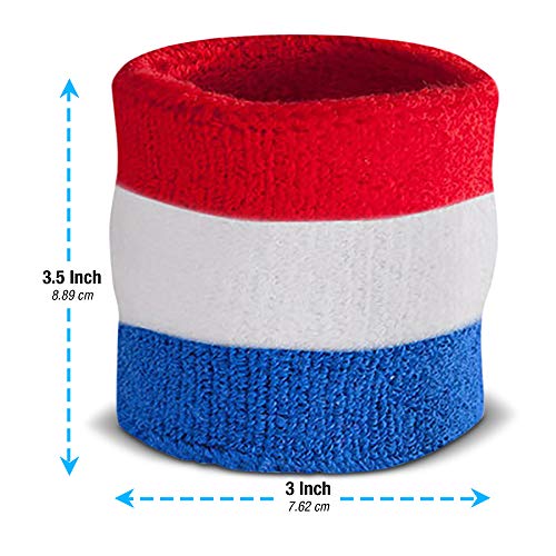 Suddora Striped Sweatband Set, Moisture Wicking 2 Wristbands and 1 Headband, Breathable Athletic Sweat Bands for Sports, Costumes & Cosplay, Matching Bands to Wear with Jersey - color: Red White and Blue