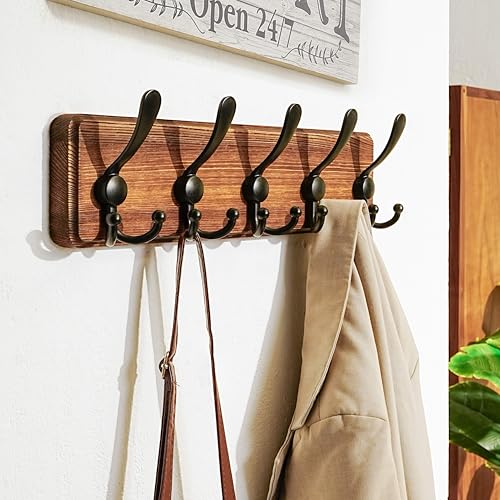 Dseap Coat Rack Wall Mounted - 5 Tri Hooks, Heavy Duty, Wooden Wall Coat Hanger Coat Hook for Clothes Hat Jacket Clothing, Natural & Black - color: Natural & Black, size: L=17.4"