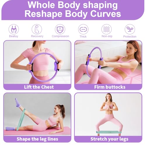 Home Pilates Kit for Women, Workout Set with 12.9" Ring, 9.8" Mini Ball, 4 Fabric Bands, Figure-8 Band, Stretch Band, D-Ring Strap, Cordless Jump Rope, Socks, Carry Bag - color: purple