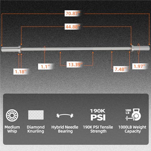 Olympic Barbell Bar Series, 2 Inch Weightlifting Bars, 4FT 6FT 7FT Straight & EZ Curl Options, 190K PSI Steel, Diamond Knurling, Smooth Rotation for Home & Gym Strength Training - color: 6FT