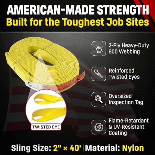 DD Sling 2" × 40' Nylon Lifting Sling – USA Made, 6,400 lb Vertical, 5,100 lb Choker, 12,800 lb Basket – 2-Ply Heavy Duty 900 Webbing, Type 4 Twisted Eye & Eye Rigging Sling - size: 2inX40ft