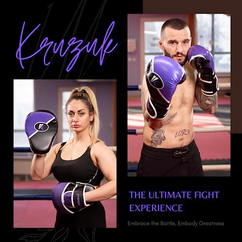 Kruzak Premium Boxing Gloves and Focus Mitts Set for Kickboxing and Muay Thai MMA Training| Focus Pads and Training Gloves | Fitness Kit for Martial Arts & Karate | 08, 10, 12, 14, 16 oz Gloves - color: Black and Purple, size: 14 oz