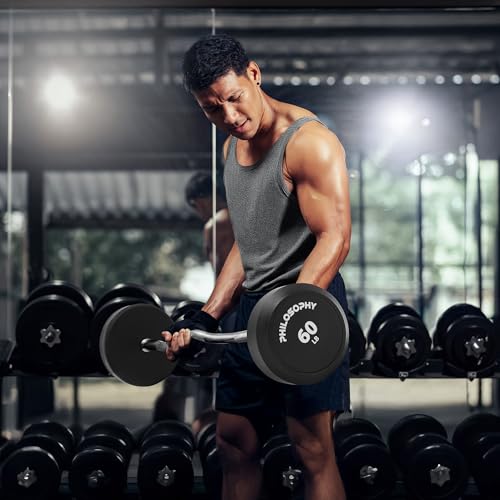 Philosophy Gym Rubber Fixed Barbell, Pre-Loaded Weight EZ Curl Bar for Strength Training & Weightlifting - style: 60 LB