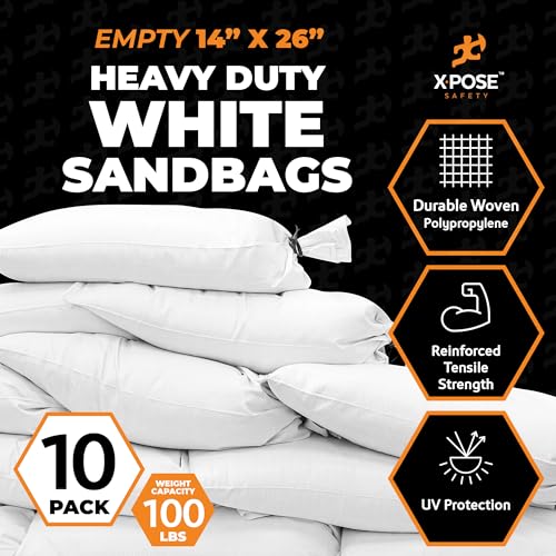 Xpose Safety Heavy Duty Sand Bags with Tie Strings – Empty Woven Polypropylene Sandbags for Hurricane Flood Protection, 100 lb Capacity, 14" x 26", White, Pack of 10 - color: White, size: 10 Sandbags