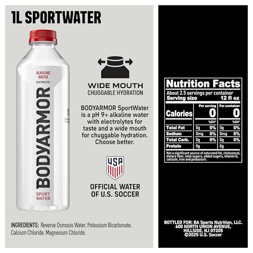 BODYARMOR SportWater Alkaline Water, High Alkaline Bottled Water, pH 9+, 1 Liter (12 Pack), Refreshing Electrolyte Water Pack, Wide Mouth Bottle - size: 33.8 Fl Oz (Pack of 12)