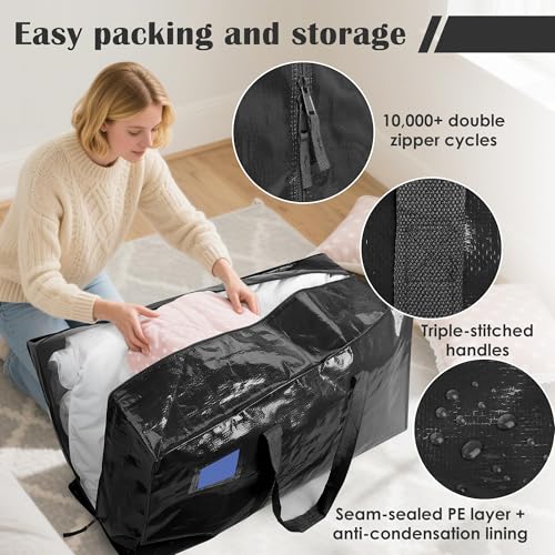 6 Pack Moving Bags with Full-Open Side Zipper, Extra Large 93L Heavy Duty Waterproof Foldable Storage Totes for College Dorm, Moving & Home Organization Black - color: Black, size: 6 Pack